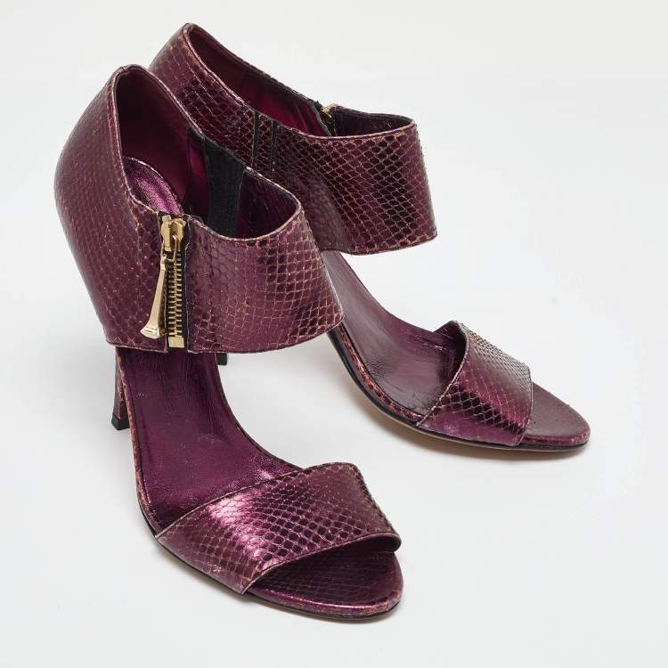 Pre Owned Gucci Purple Python Embossed Leather Open Toe Zip Sandals Size 39