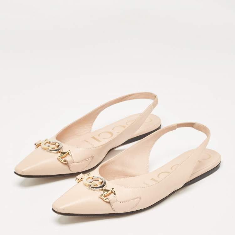 【GUCCI】 beige flats （関税送料込） Gucci Beige Leather Zumi Slingback Flat Sandals Size 35.5