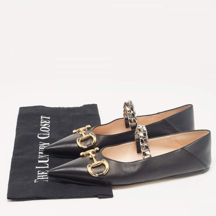 Pre Owned Gucci Black Leather Chain Ballet Flats Size 37