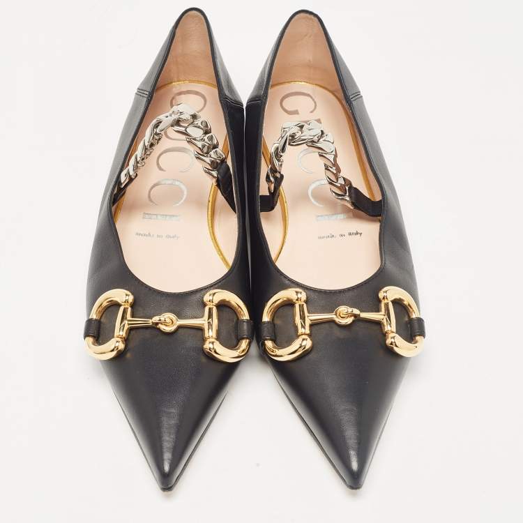 Pre Owned Gucci Black Leather Chain Ballet Flats Size 37