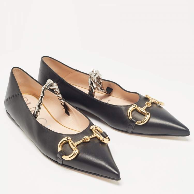Pre Owned Gucci Black Leather Chain Ballet Flats Size 37