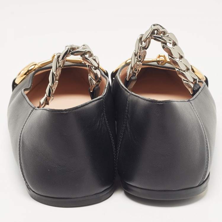 Pre Owned Gucci Black Leather Chain Ballet Flats Size 37