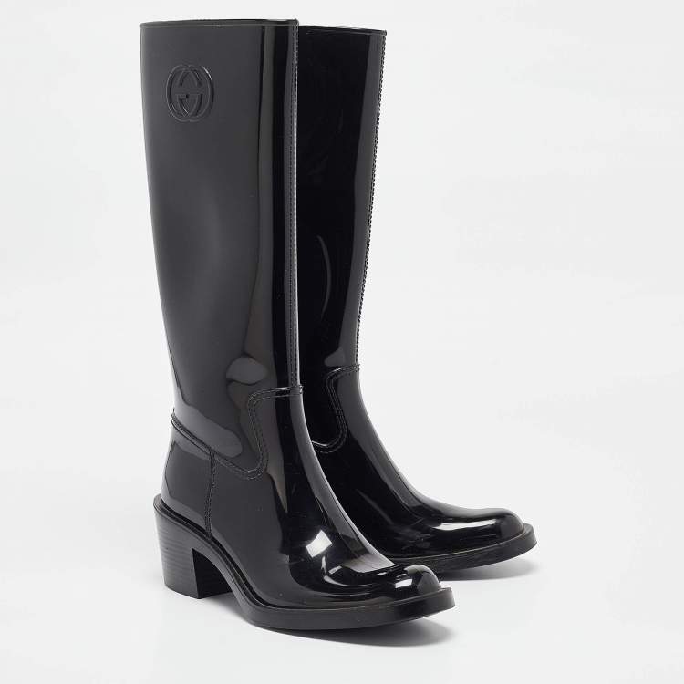 Pre Owned Gucci Black Rubber GG Rain Boots Size 38