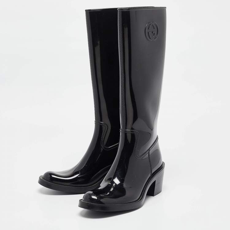 Pre Owned Gucci Black Rubber GG Rain Boots Size 38