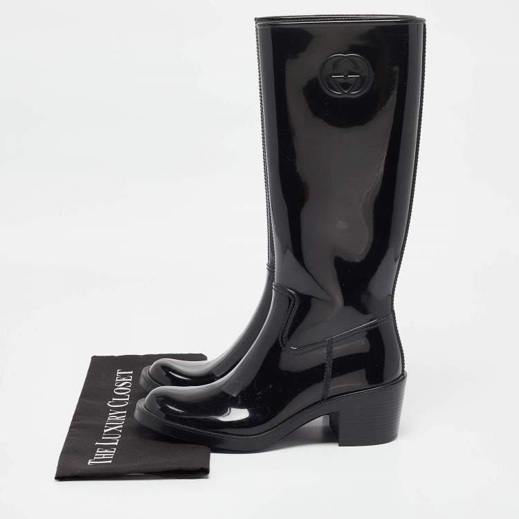 Pre Owned Gucci Black Rubber GG Rain Boots Size 38