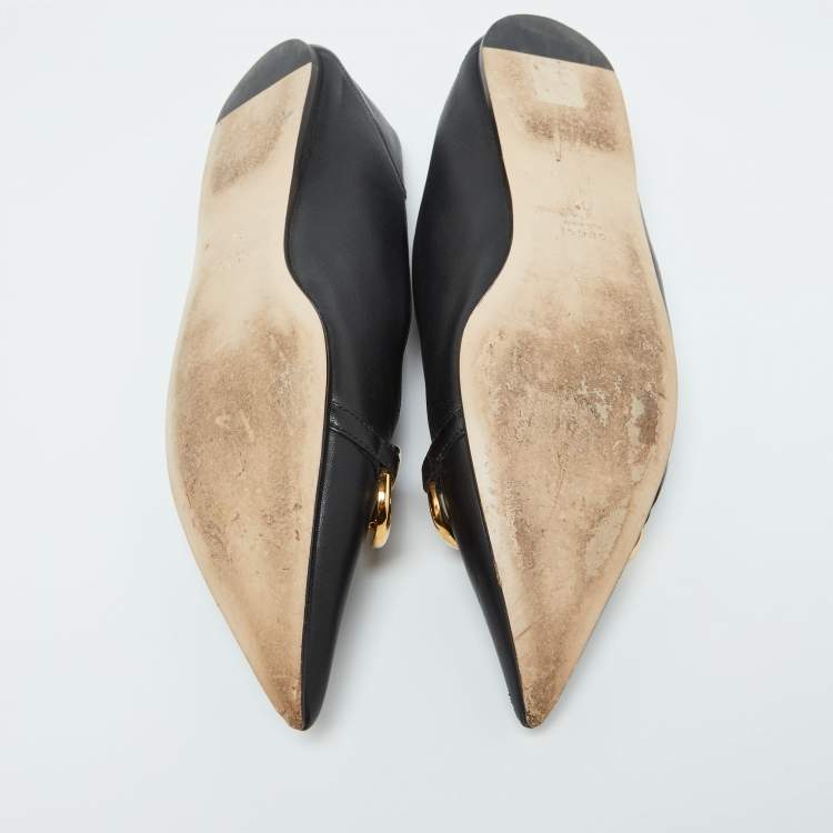 Pre Owned Gucci Black Leather Horsebit Collapsable Ballet Flats Size 38