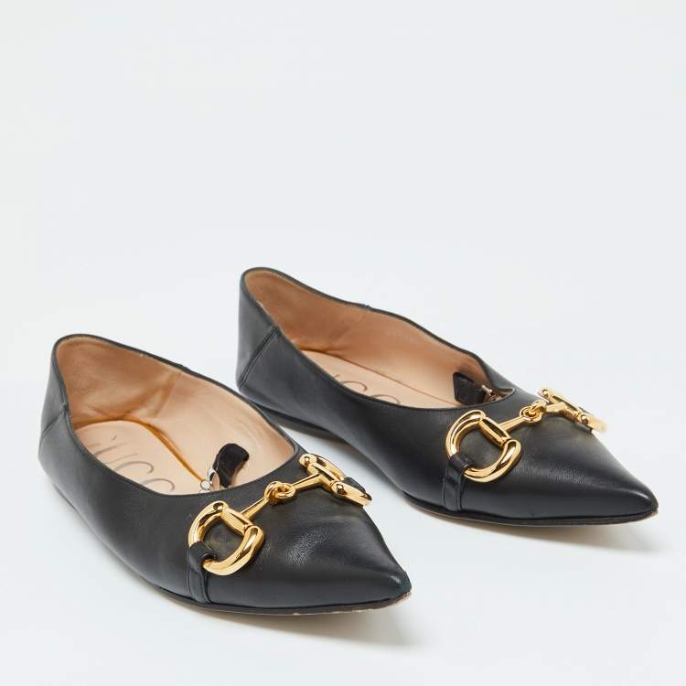 Pre Owned Gucci Black Leather Horsebit Collapsable Ballet Flats Size 38
