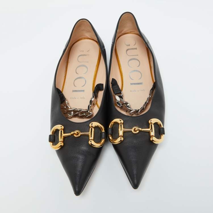 Pre Owned Gucci Black Leather Horsebit Collapsable Ballet Flats Size 38