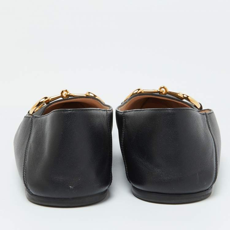 Pre Owned Gucci Black Leather Horsebit Collapsable Ballet Flats Size 38