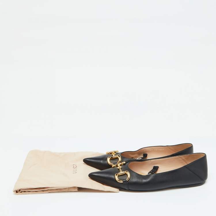 Pre Owned Gucci Black Leather Horsebit Collapsable Ballet Flats Size 38
