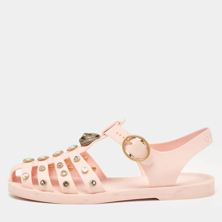 Gucci Light Pink Rubber GG Marmont Embellishments Caged Flat