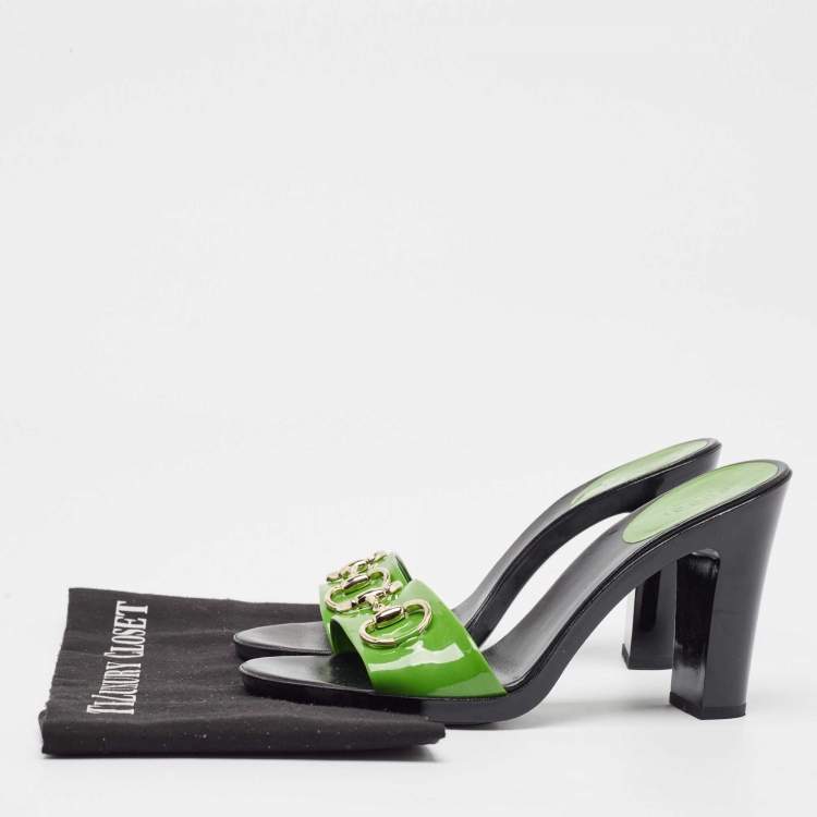 Pre Owned Gucci Green Patent Leather Horsebit Slide Sandals Size 38.5