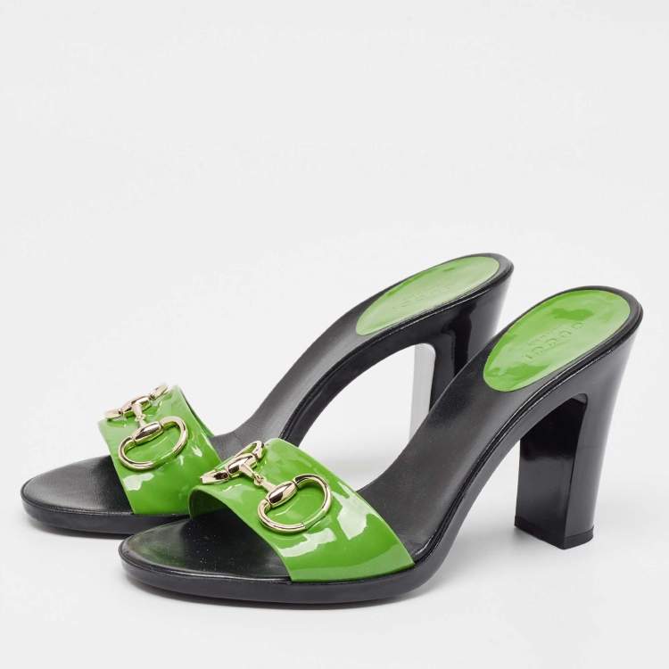 Pre Owned Gucci Green Patent Leather Horsebit Slide Sandals Size 38.5