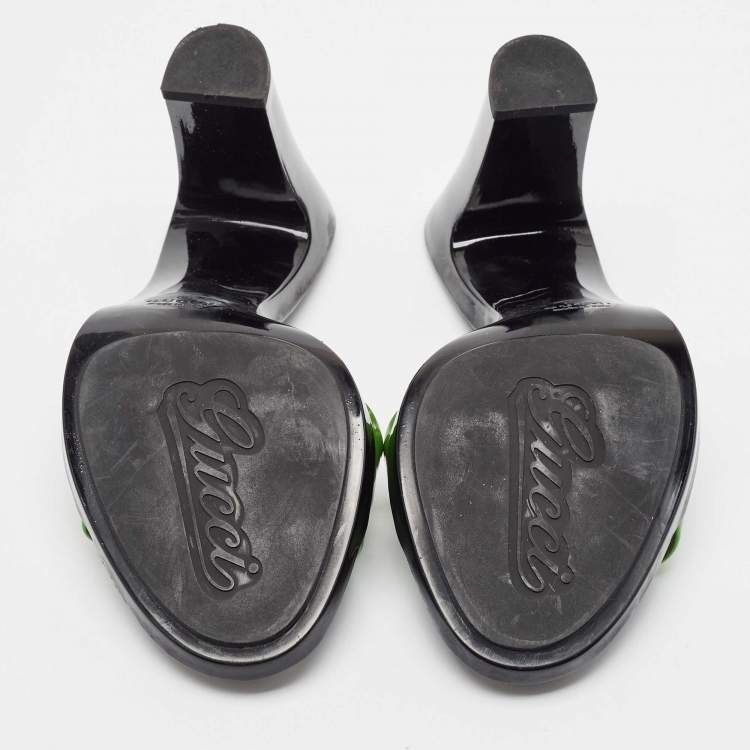 Pre Owned Gucci Green Patent Leather Horsebit Slide Sandals Size 38.5
