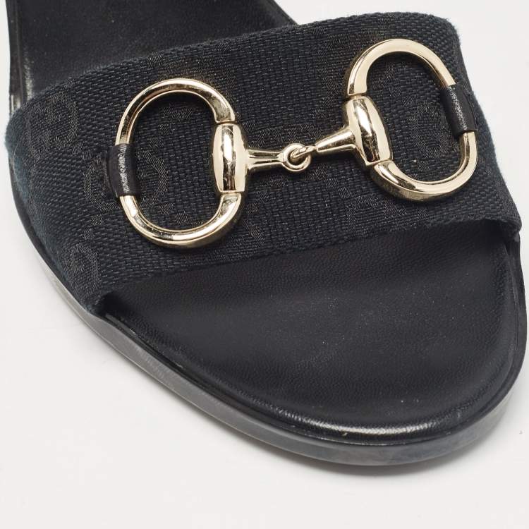 Pre Owned Gucci Navy Blue GG Canvas Horsebit Slide Sandals Size 38.5