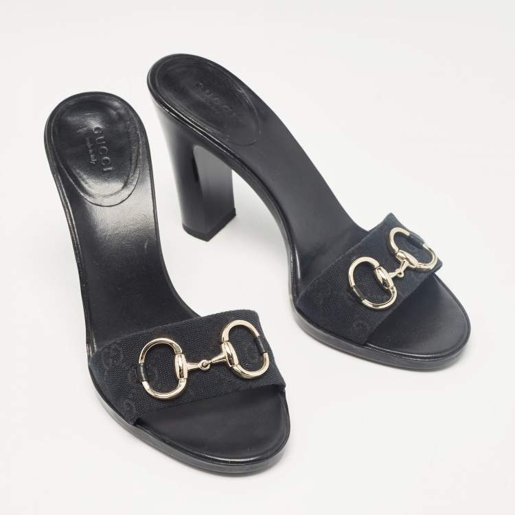 Pre Owned Gucci Navy Blue GG Canvas Horsebit Slide Sandals Size 38.5
