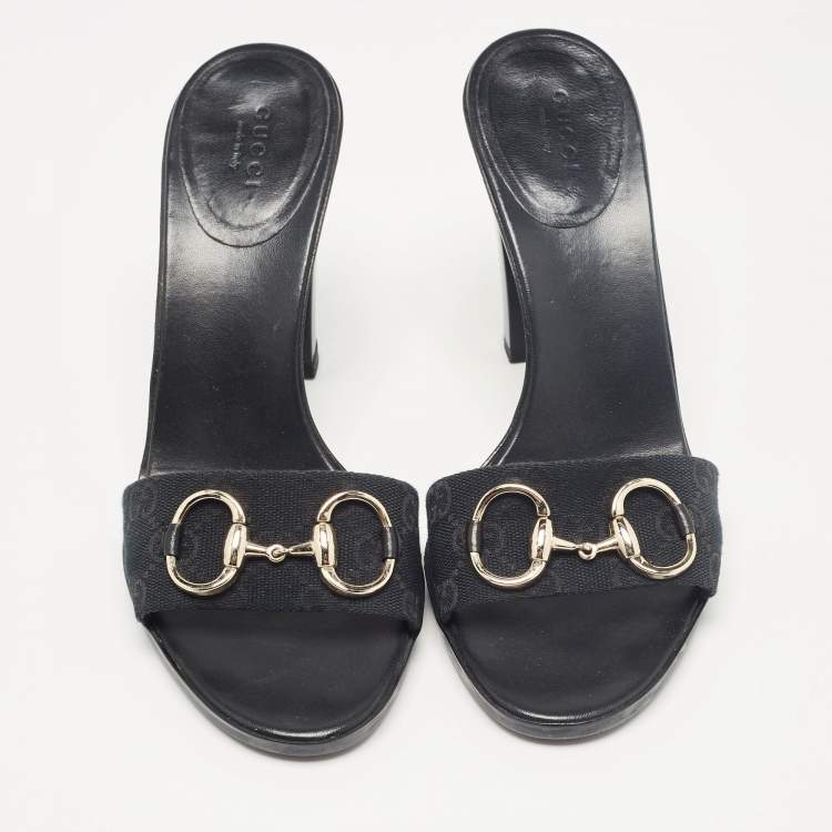 Pre Owned Gucci Navy Blue GG Canvas Horsebit Slide Sandals Size 38.5