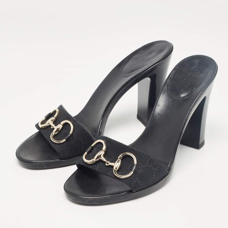 Pre Owned Gucci Navy Blue GG Canvas Horsebit Slide Sandals Size 38.5