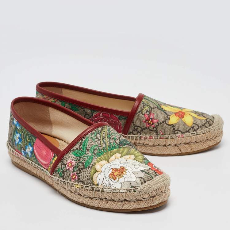 Pre Owned Gucci Beige/Brown GG Supreme Canvas Pilar Print Espadrille Flats Size 36.5