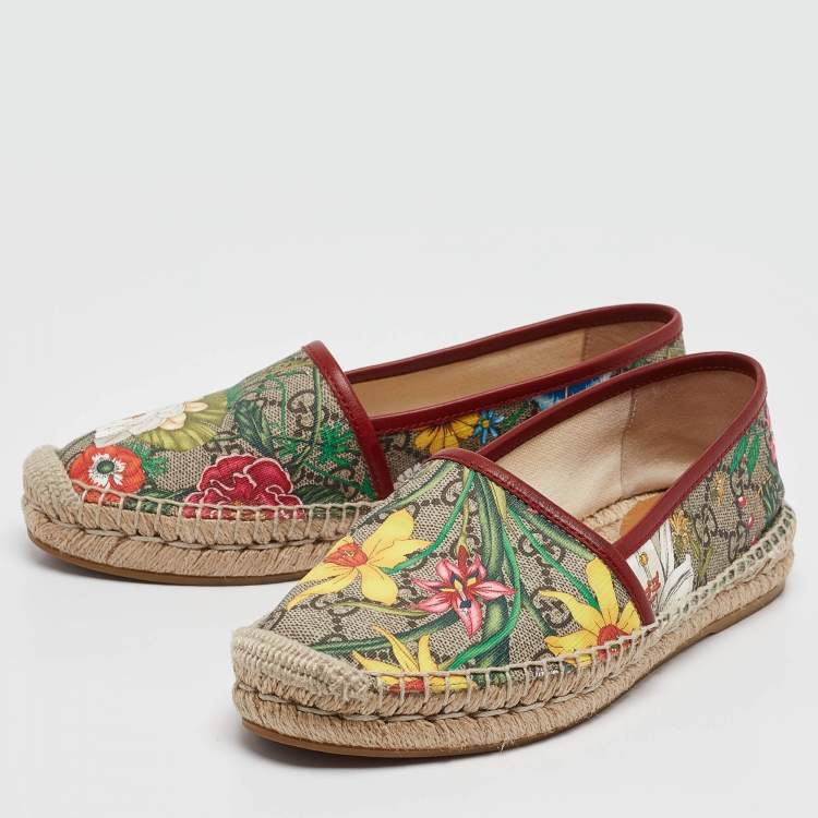 Pre Owned Gucci Beige/Brown GG Supreme Canvas Pilar Print Espadrille Flats Size 36.5