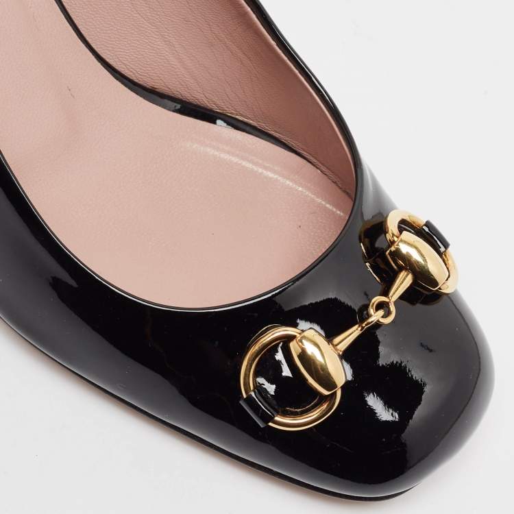Pre Owned Gucci Black Patent Leather Jolene Horsebit Pumps Size 35.5