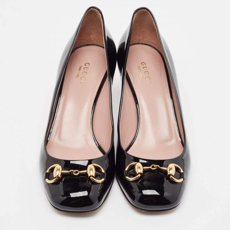 Pre Owned Gucci Black Patent Leather Jolene Horsebit Pumps Size 35.5