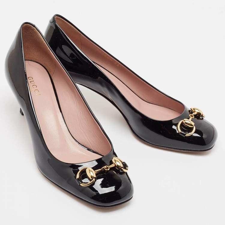 Pre Owned Gucci Black Patent Leather Jolene Horsebit Pumps Size 35.5