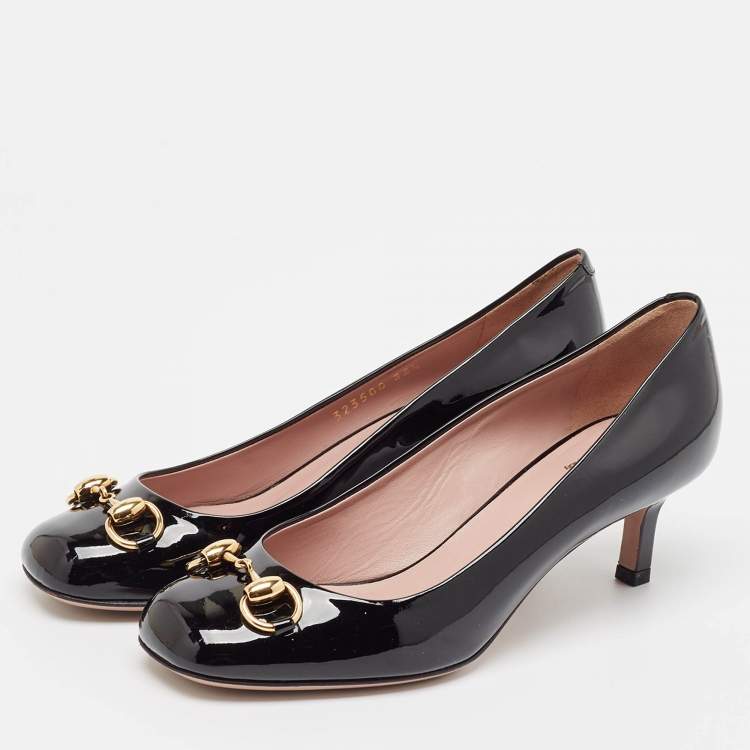 Pre Owned Gucci Black Patent Leather Jolene Horsebit Pumps Size 35.5