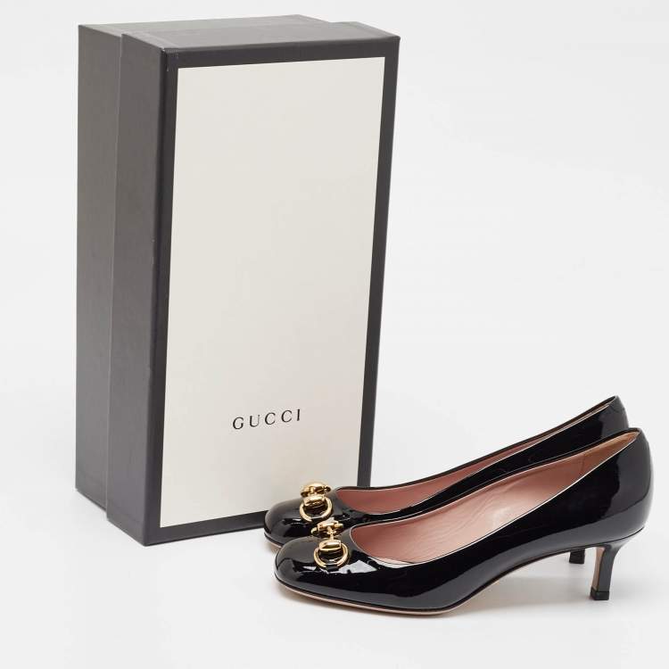 Pre Owned Gucci Black Patent Leather Jolene Horsebit Pumps Size 35.5