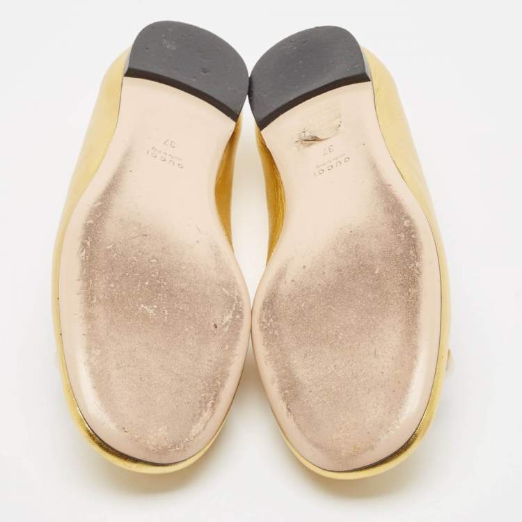 Pre Owned Gucci Gold Leather Willow Scalloped Ballet Flats Size 37
