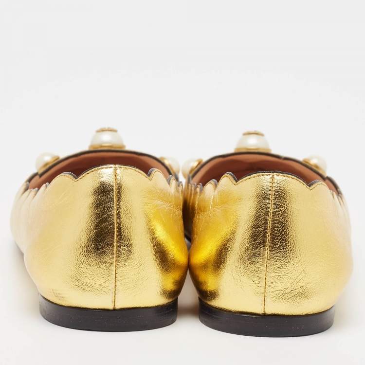 Pre Owned Gucci Gold Leather Willow Scalloped Ballet Flats Size 37