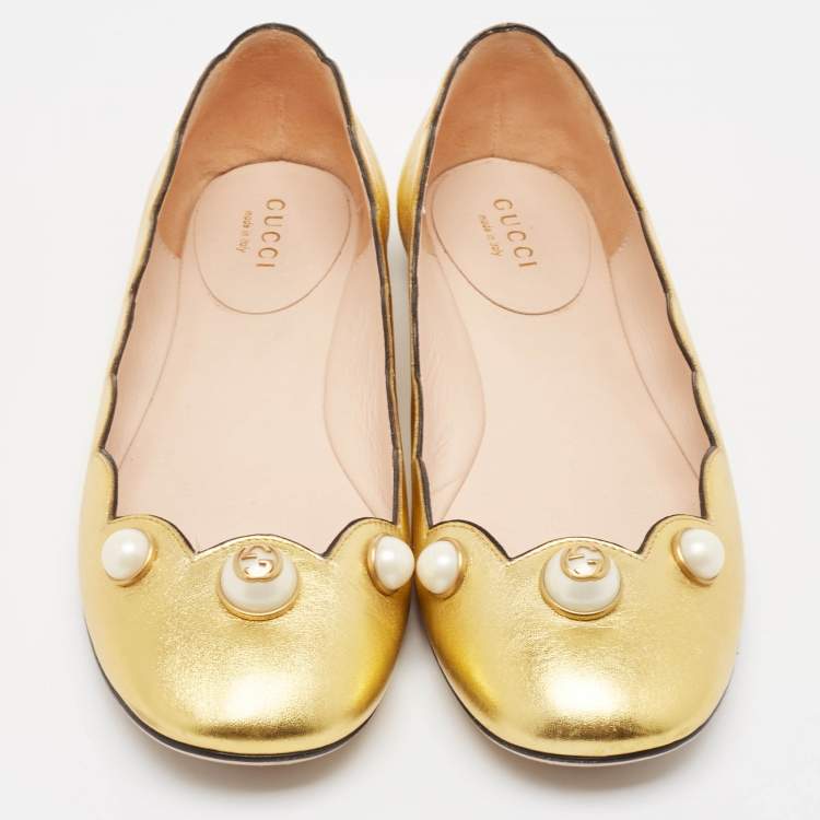 Pre Owned Gucci Gold Leather Willow Scalloped Ballet Flats Size 37