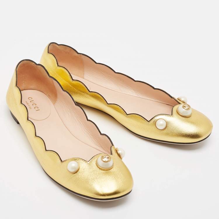 Pre Owned Gucci Gold Leather Willow Scalloped Ballet Flats Size 37