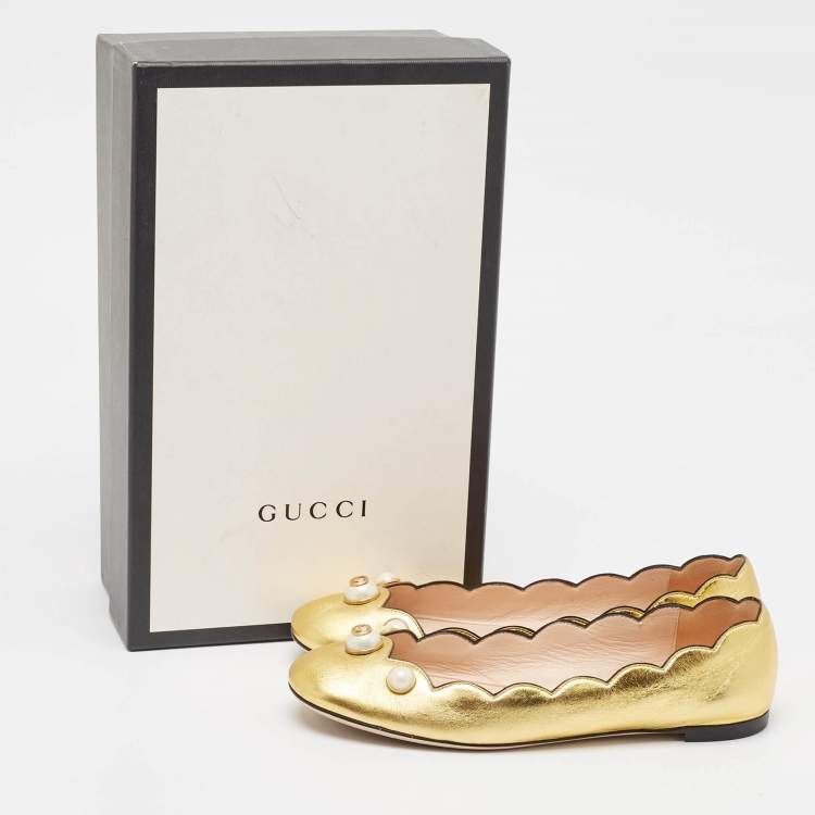 Pre Owned Gucci Gold Leather Willow Scalloped Ballet Flats Size 37