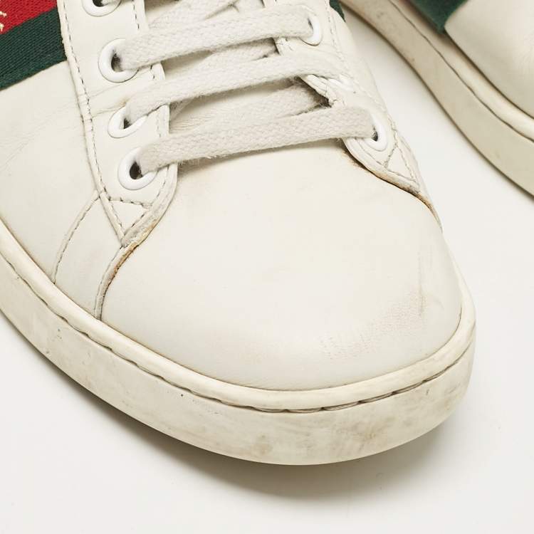 Pre Owned Gucci White Leather Ace Web Low Top Sneakers Size 36.5