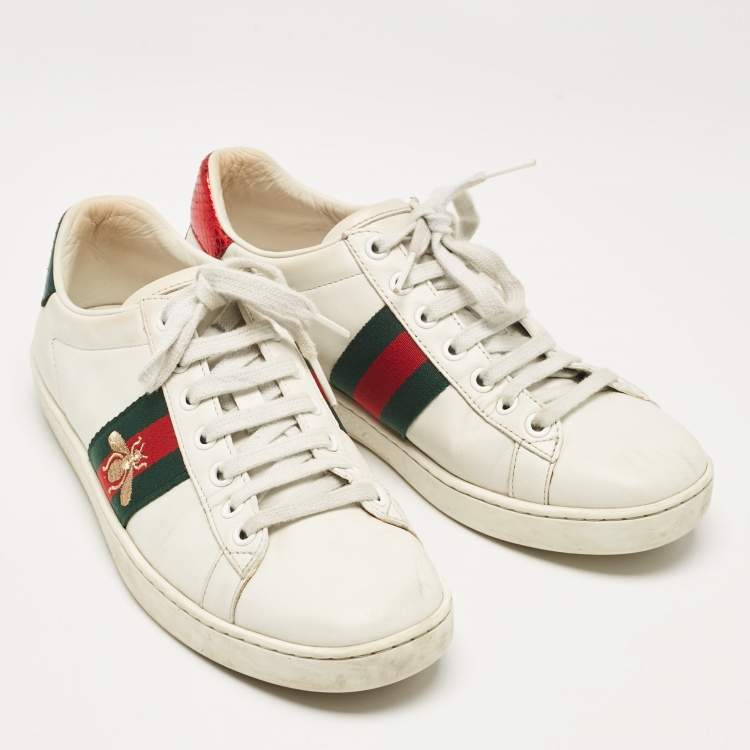 Pre Owned Gucci White Leather Ace Web Low Top Sneakers Size 36.5