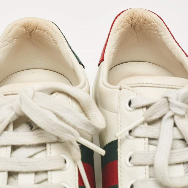 Pre Owned Gucci White Leather Ace Web Low Top Sneakers Size 36.5