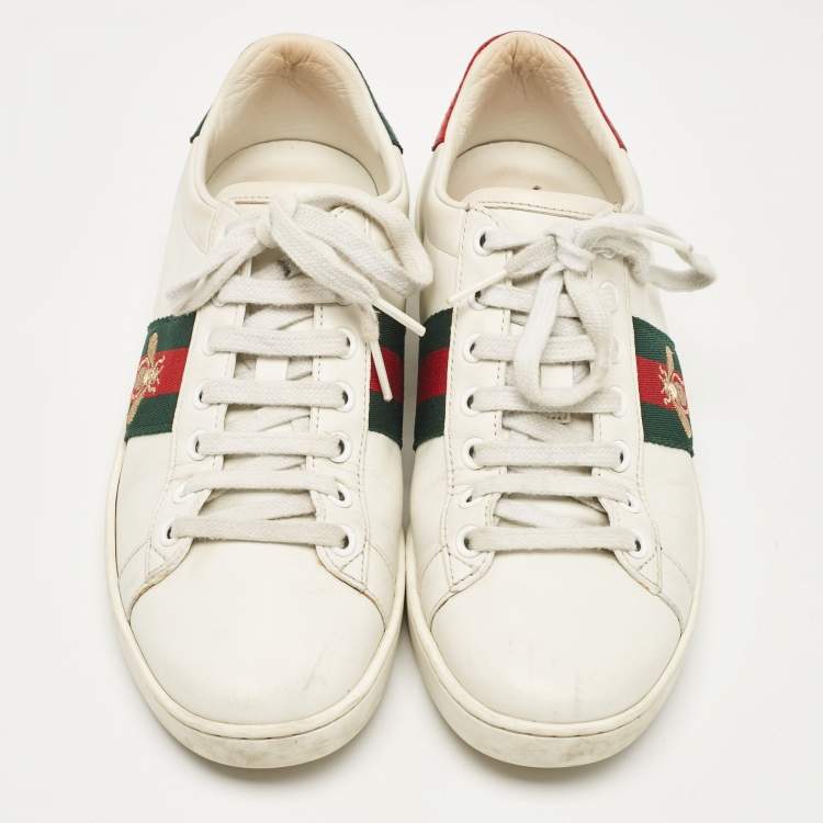 Pre Owned Gucci White Leather Ace Web Low Top Sneakers Size 36.5