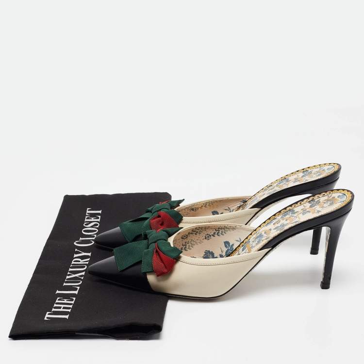 Pre Owned Gucci Black/White Leather Web Bow Pointed Toe Mules Size 39