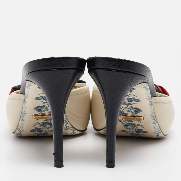 Pre Owned Gucci Black/White Leather Web Bow Pointed Toe Mules Size 39