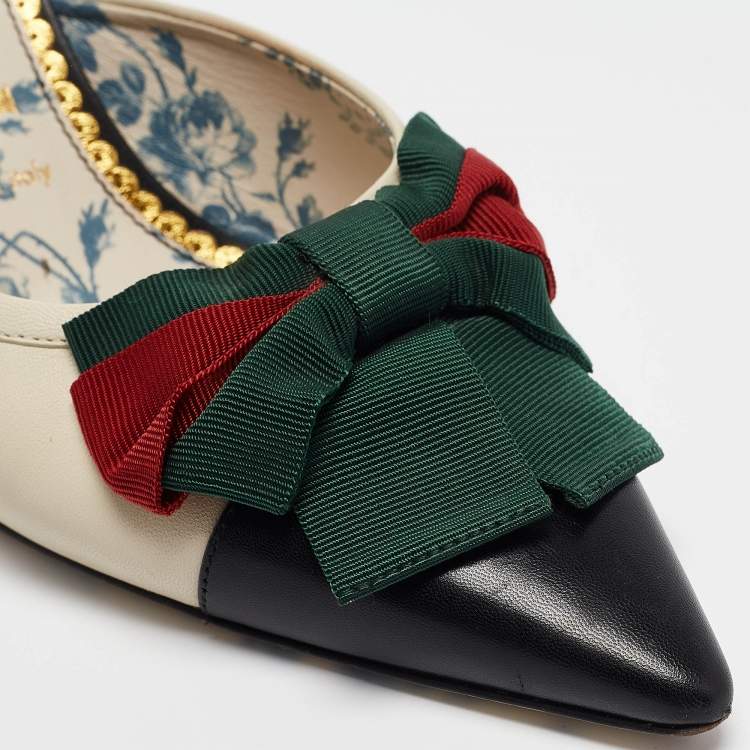 Pre Owned Gucci Black/White Leather Web Bow Pointed Toe Mules Size 39