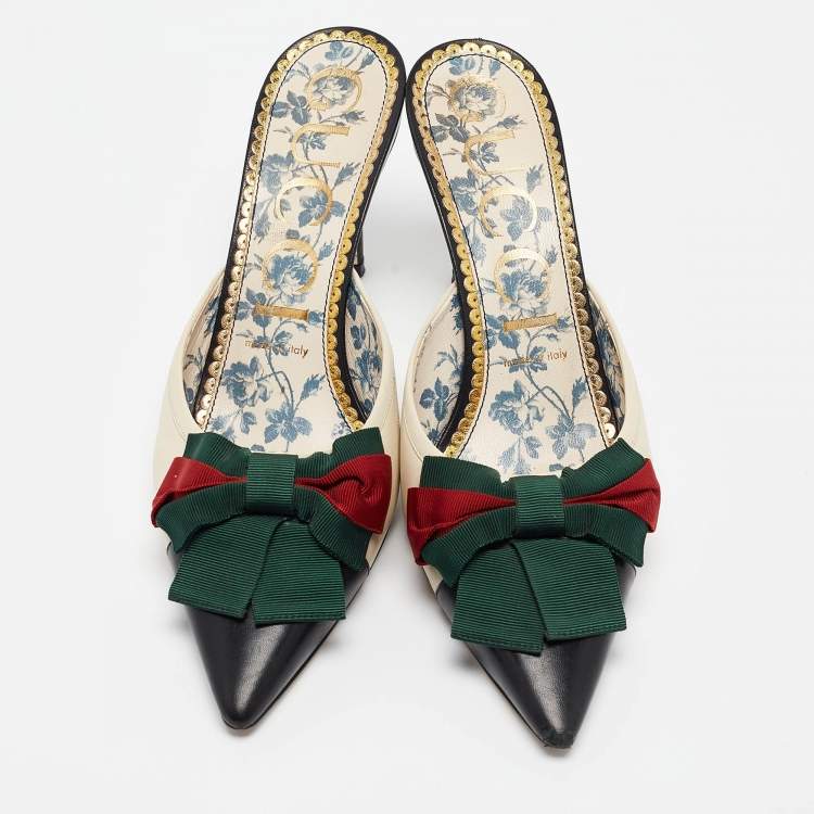 Pre Owned Gucci Black/White Leather Web Bow Pointed Toe Mules Size 39