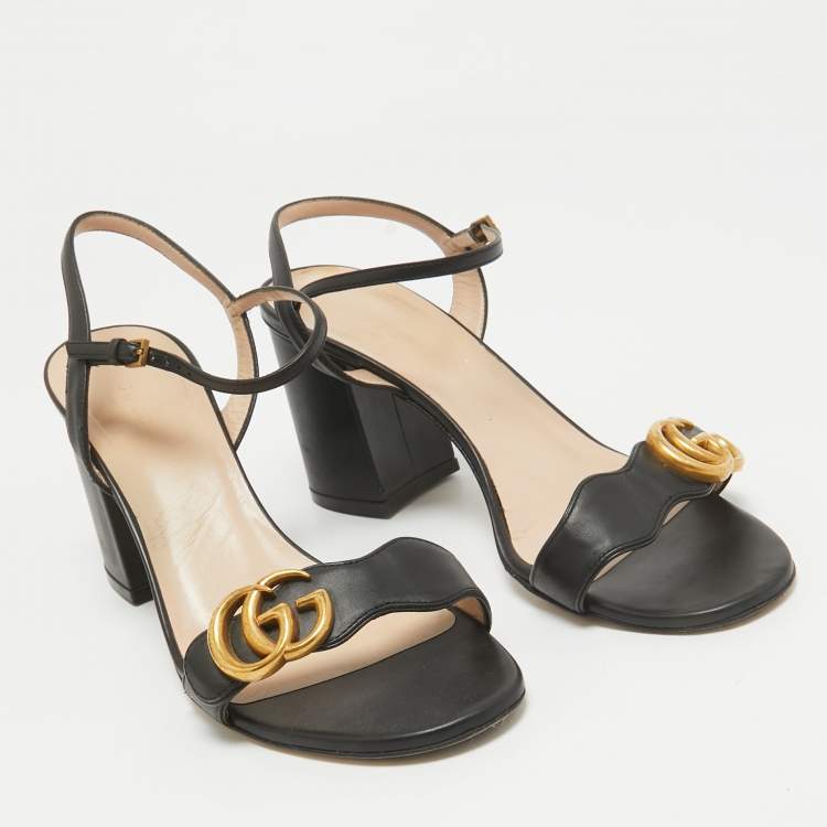 Pre Owned Gucci Black Leather GG Marmont Ankle Strap Sandals Size 39