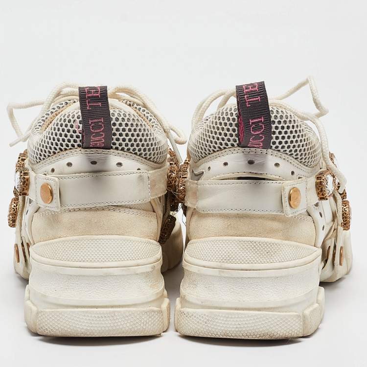 Pre Owned Gucci Cream Leather and Suede Flashtrek Lace Up Sneakers Size 37.5