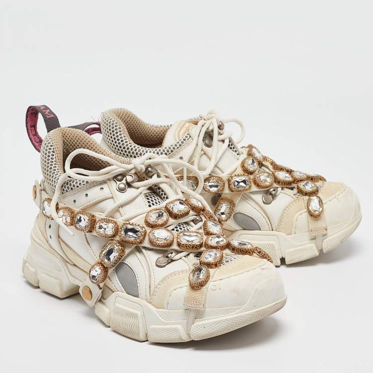 Pre Owned Gucci Cream Leather and Suede Flashtrek Lace Up Sneakers Size 37.5