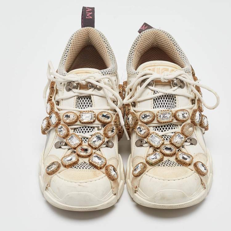 Pre Owned Gucci Cream Leather and Suede Flashtrek Lace Up Sneakers Size 37.5