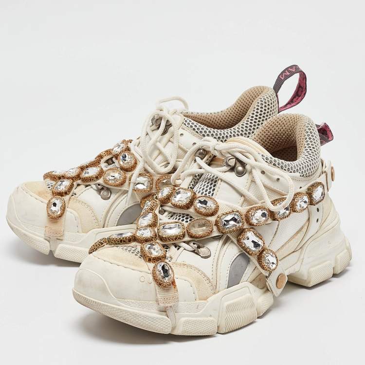 Pre Owned Gucci Cream Leather and Suede Flashtrek Lace Up Sneakers Size 37.5