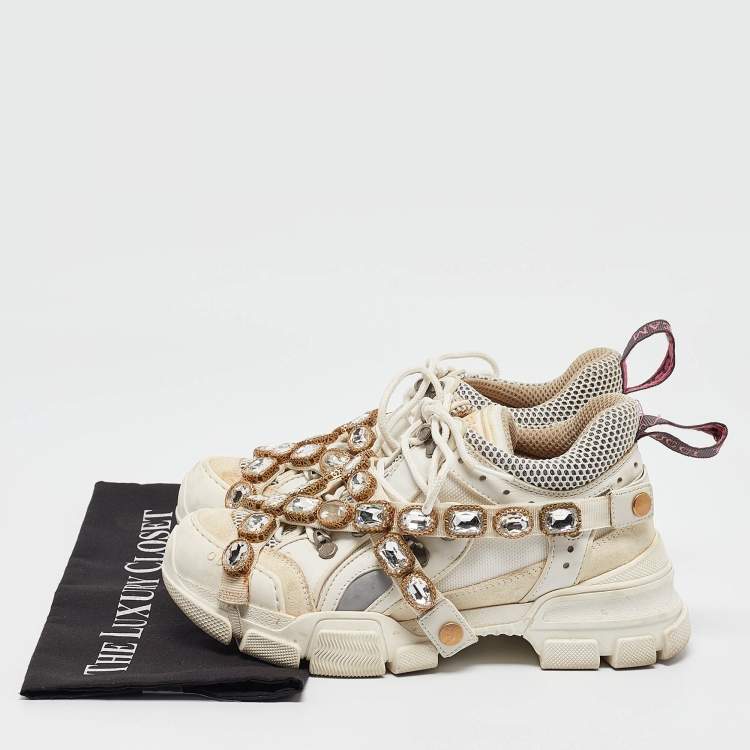 Pre Owned Gucci Cream Leather and Suede Flashtrek Lace Up Sneakers Size 37.5