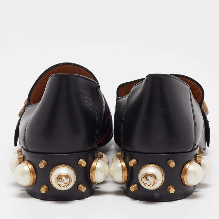 Pre Owned Gucci Black Leather GG Web Peyton Loafers Size 36