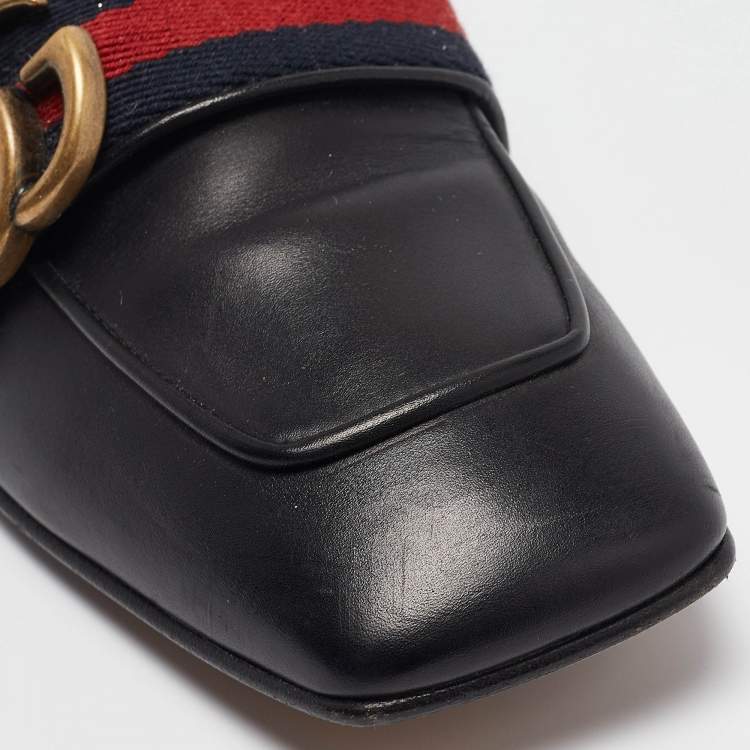 Pre Owned Gucci Black Leather GG Web Peyton Loafers Size 36